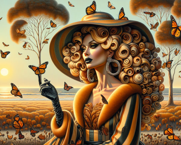 Glamorous Woman with Butterflies in Sunset Landscape