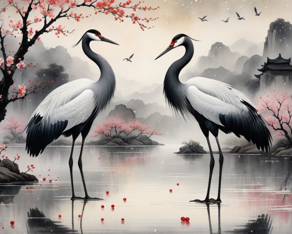 Elegant cranes in a serene cherry blossom landscape