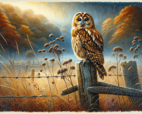 Majestic owl on rustic fence post in autumn landscape