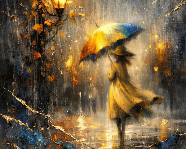 Digital painting of a woman in yellow coat with umbrella