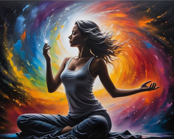 Serene Woman Meditating in a Colorful Galaxy Background
