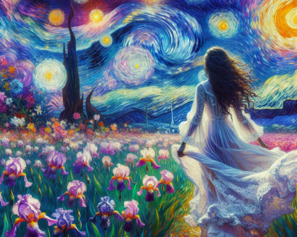 Woman in White Dress in Starry Iris Field