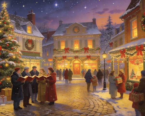 Snowy Christmas Scene with Carolers and Gifts