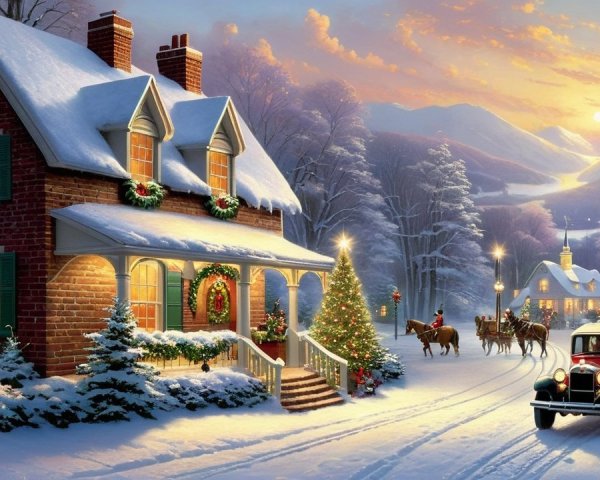 Winter Wonderland Landscape with Brick House and Carriage