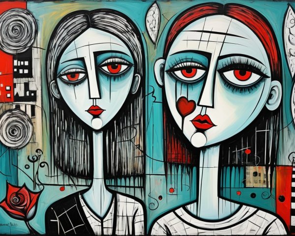 Stylized Female Figures with Geometric Background