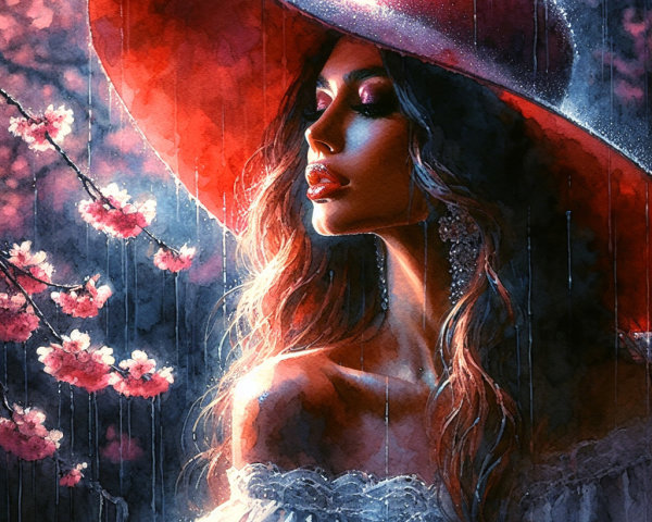 Portrait of a woman in a red hat with cherry blossoms