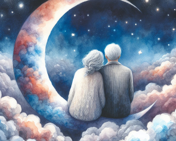 Elderly Couple on Crescent Moon in Dreamy Night Sky