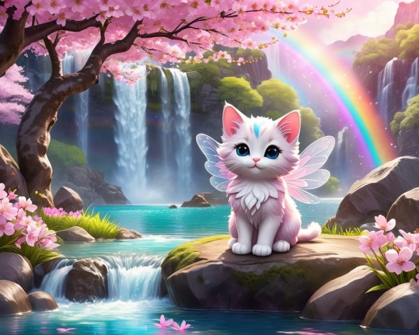 Fluffy Cat with Fairy Wings by Turquoise Waterfall
