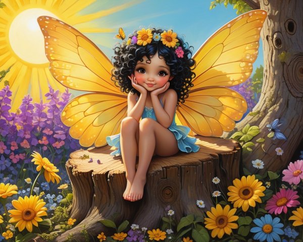 Whimsical Scene of Girl with Butterfly Wings in Nature
