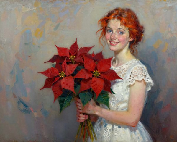 Oil Painting of a Young Woman with Poinsettias