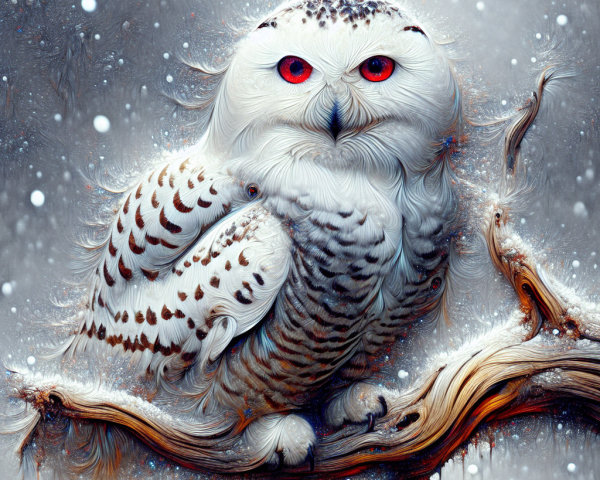 Fantastical Owl in Snowy Landscape with Red Eyes
