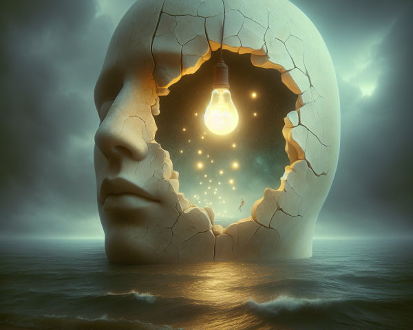 Surreal Landscape with Giant Cracked Head and Ocean