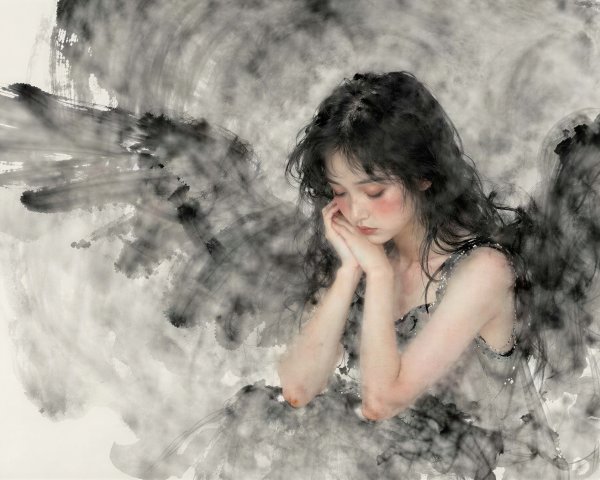 Woman with Dark Hair Surrounded by Abstract Shapes