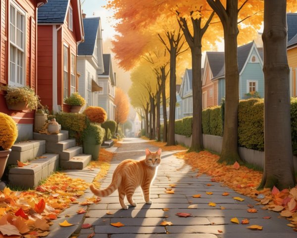 Charming Autumn Street with Colorful Houses and Cats