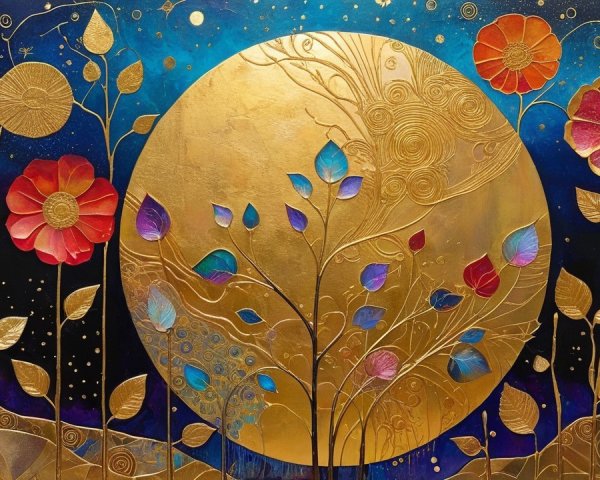 Abstract Artwork with Golden Circle and Colorful Flowers