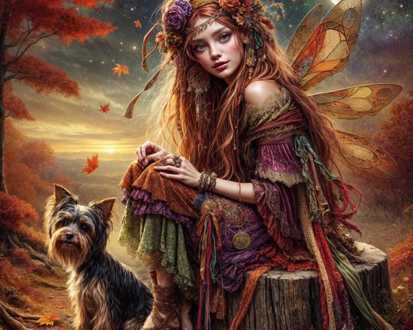 Fairy with Red Hair in Enchanted Forest at Twilight