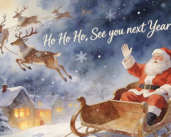 Watercolor Illustration of Santa Claus in Sleigh