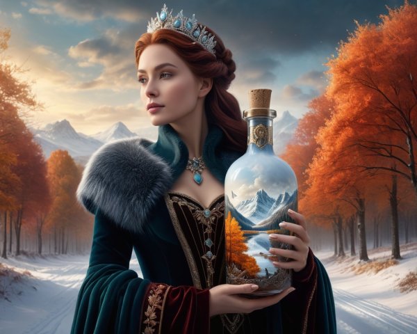 Regal Woman in Autumn Landscape with Glass Bottle