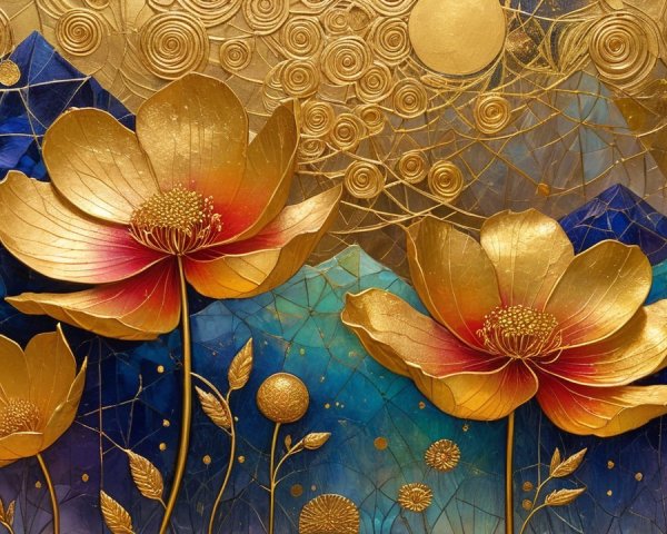 Vibrant Golden Flowers with Abstract Landscape Design