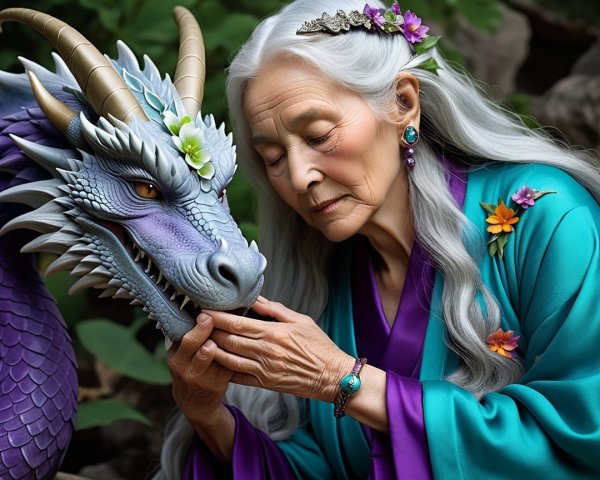 Elderly Woman and Purple Dragon in Enchanted Setting