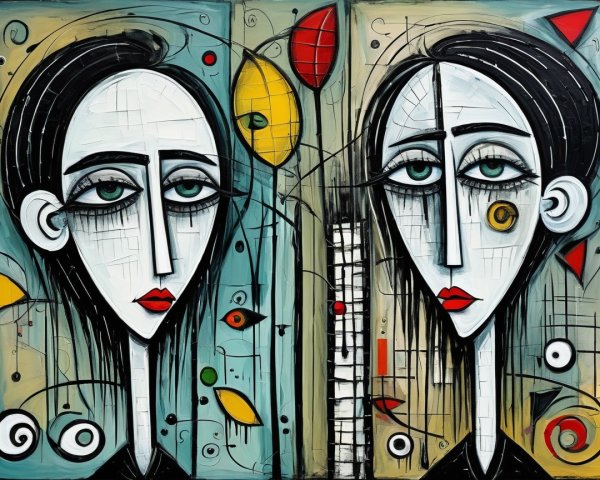 Abstract Figures with Elongated Faces and Colorful Details