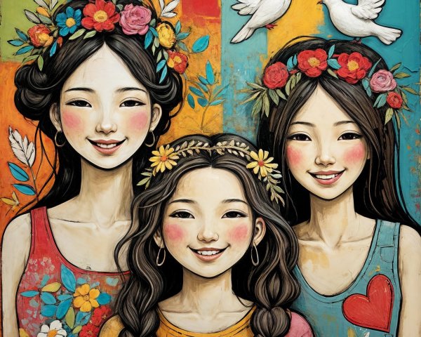 Three Young Women in Floral Crowns and Colorful Tops