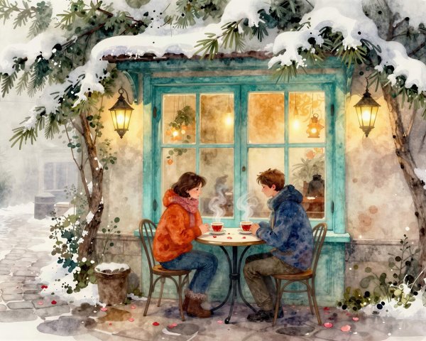 Watercolor Scene of Couple at Cafe on Snowy Day
