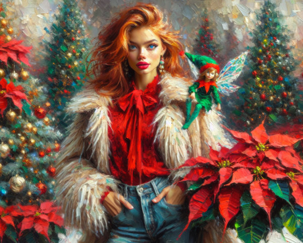 Glamorous Woman with Christmas Trees and Poinsettias