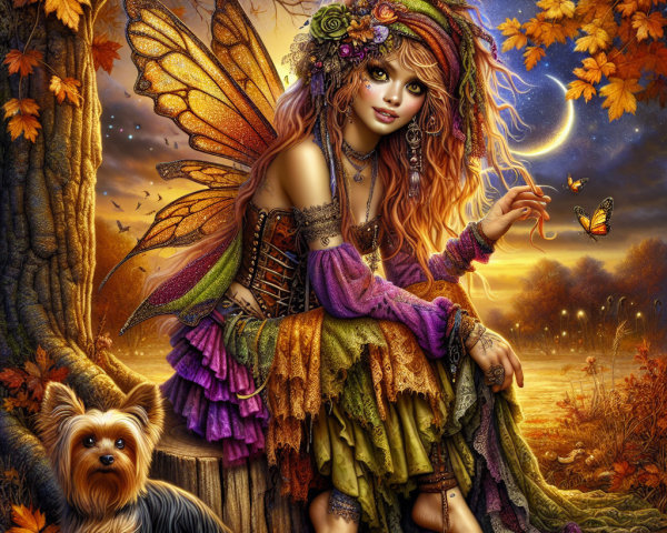 Whimsical Fairy with Vibrant Hair by a Tree