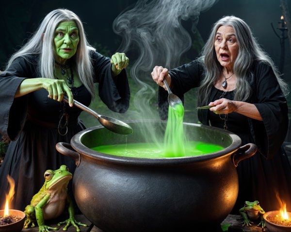 Witches Brewing Potion in Dark, Enchanting Setting