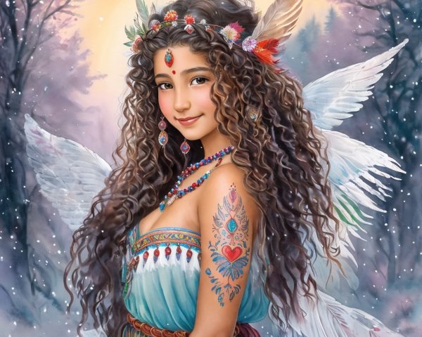 Fairy in a Snowy Forest with Intricate Blue Dress