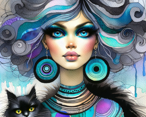 Whimsical Woman with Blue Eyes and Fluffy Black Cat