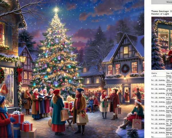 Idyllic Winter Town Square Scene with Christmas Tree