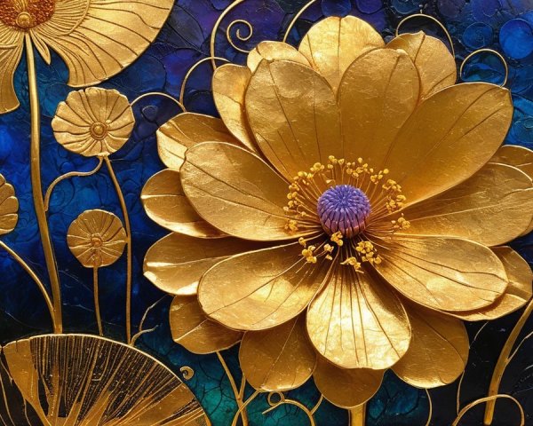 Mixed-Media Artwork with Golden Flower and Colorful Background