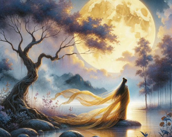 Serene Landscape with Full Moon and Tranquil Waters