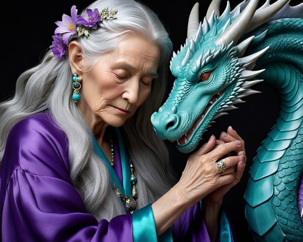 Elderly Woman and Turquoise Dragon in Mystical Setting