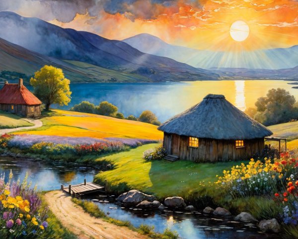 Picturesque Sunrise Landscape with Cottages and Lake