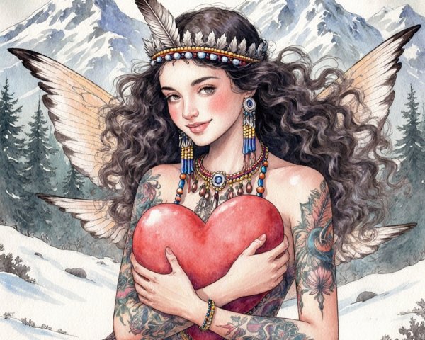 Mystical Woman in Snowy Landscape with Wings and Heart