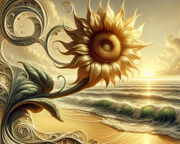 Surreal Sunflower Scene at Sunset Beach