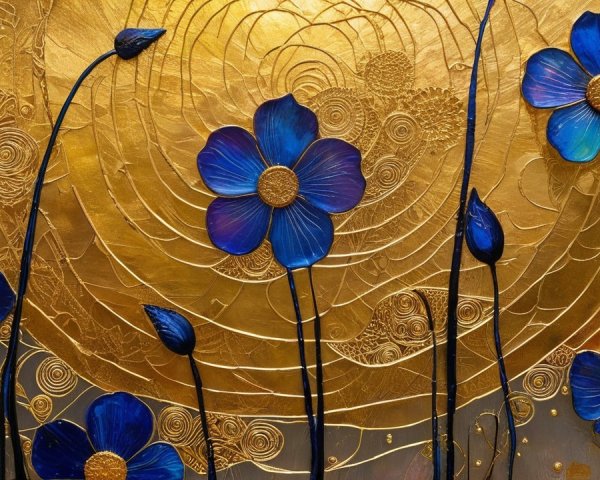 Vibrant Artwork of Blue Flowers with Gold Accents