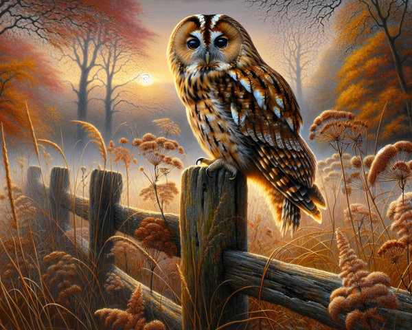 Owl on Wooden Fence in Autumn Landscape at Sunrise