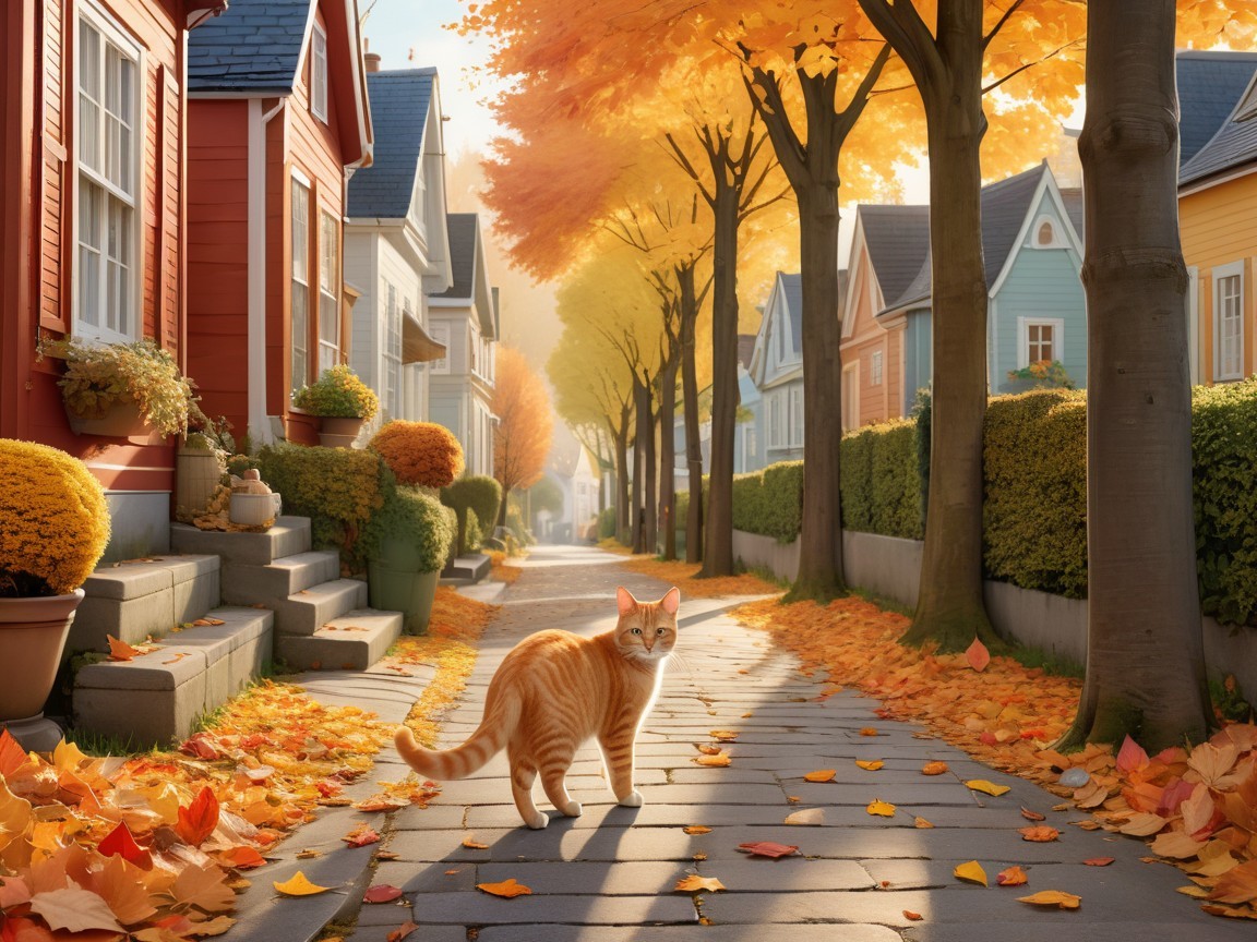 Charming Autumn Street with Colorful Houses and Cats