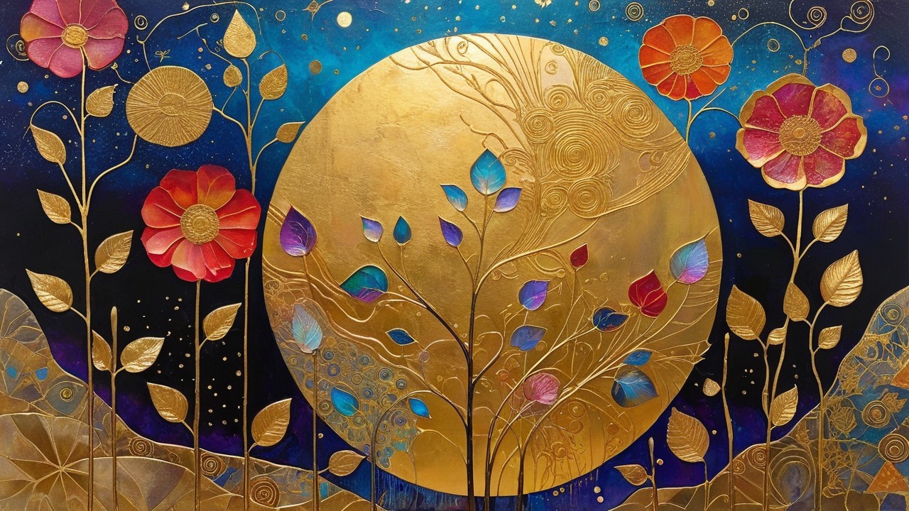 Abstract Artwork with Golden Circle and Colorful Flowers