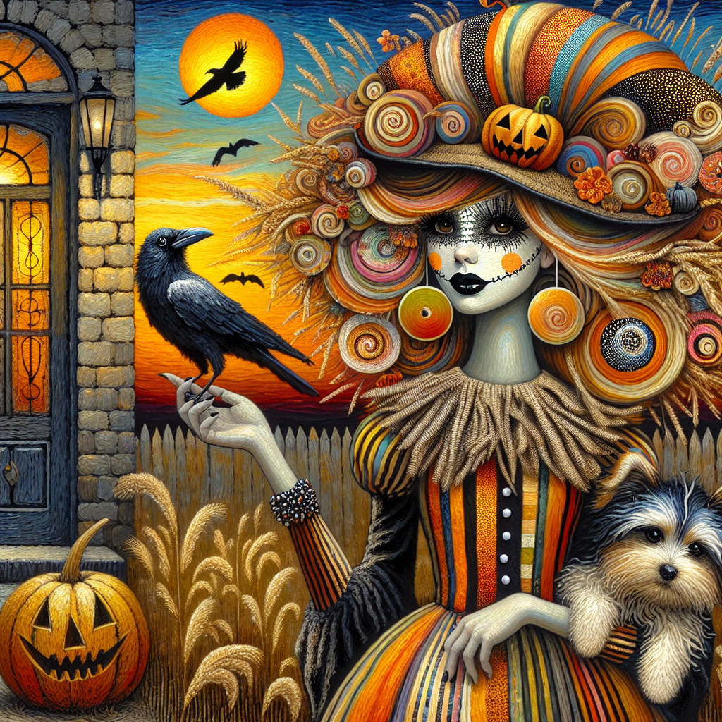 Whimsical Figure in Vibrant Dress at Harvest Scene