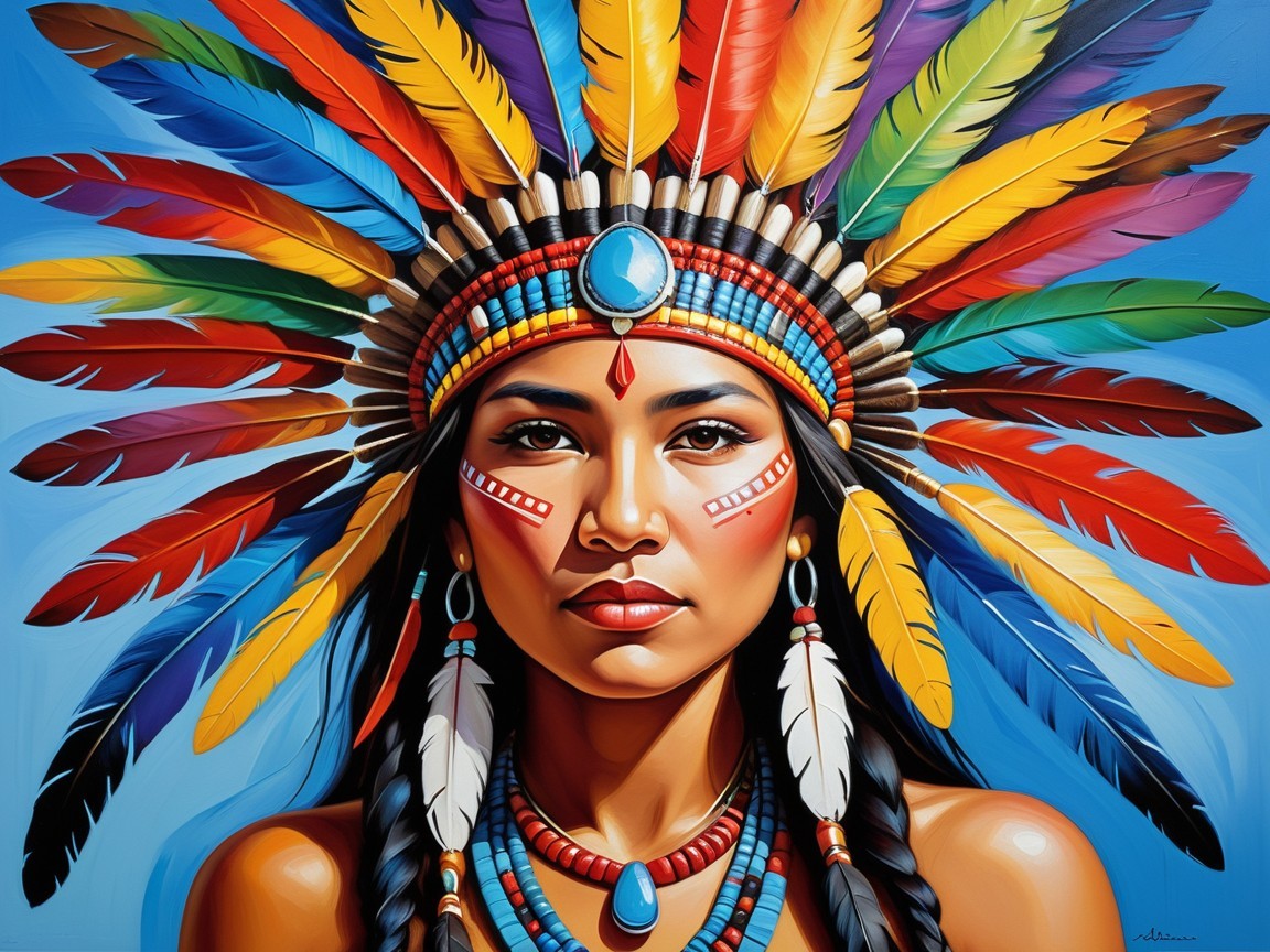 Portrait of a woman with vibrant feather headdress