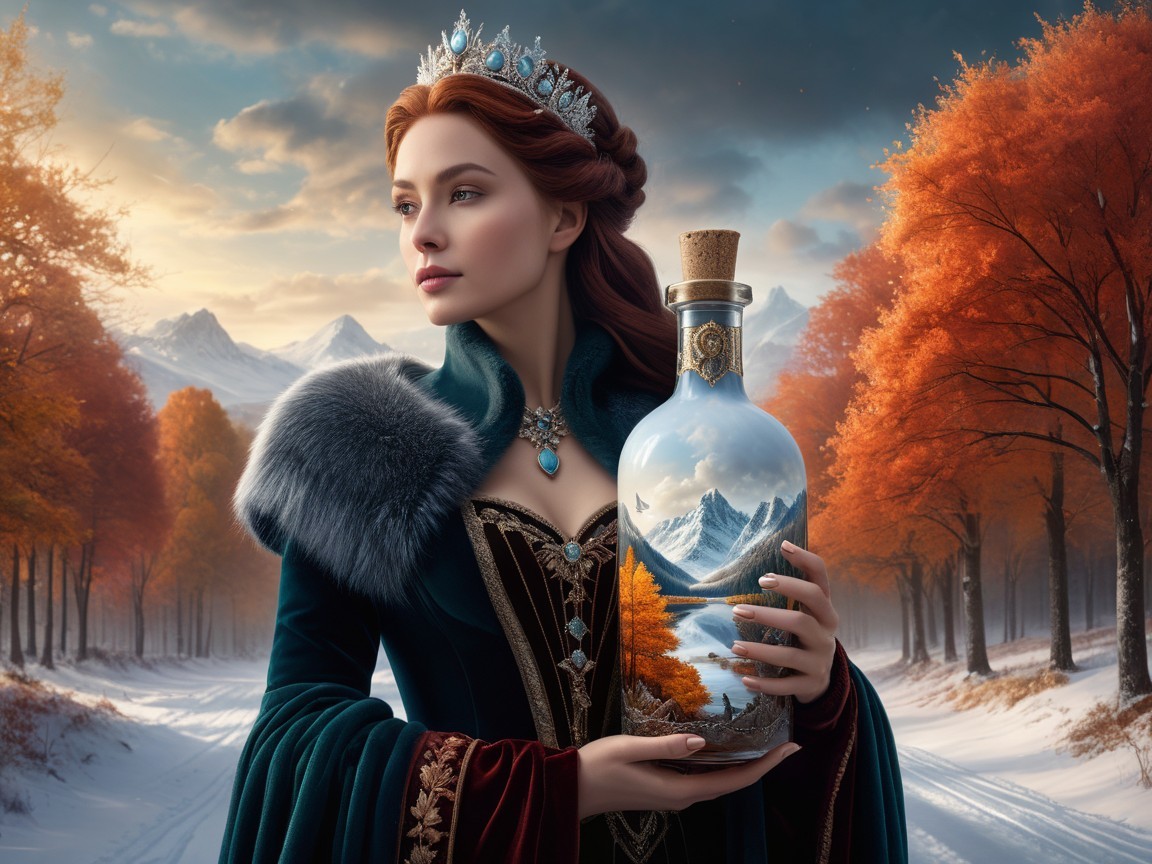 Regal Woman in Autumn Landscape with Glass Bottle