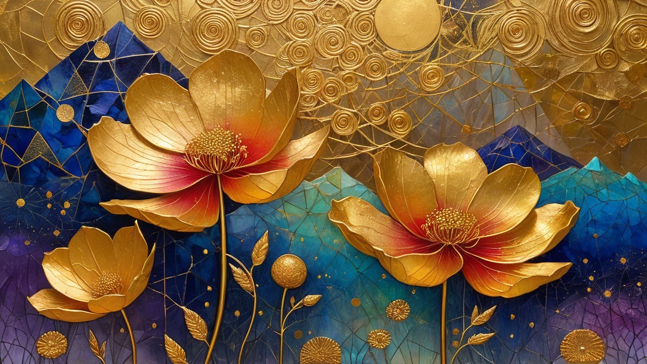 Vibrant Golden Flowers with Abstract Landscape Design