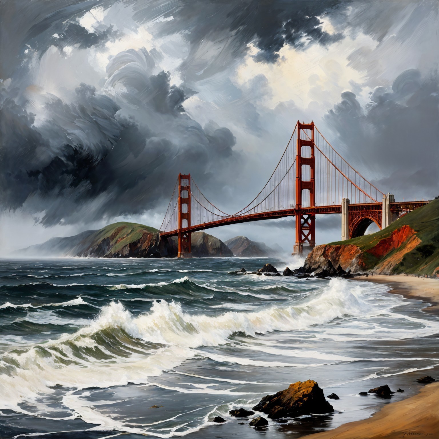 Golden Gate Bridge Against Dramatic Sky and Waves