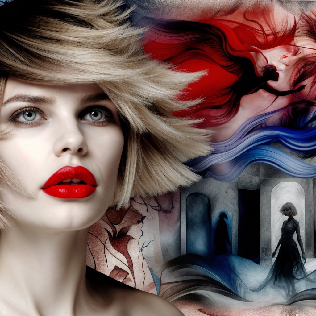 Close-up of a woman with blonde hair and red lips