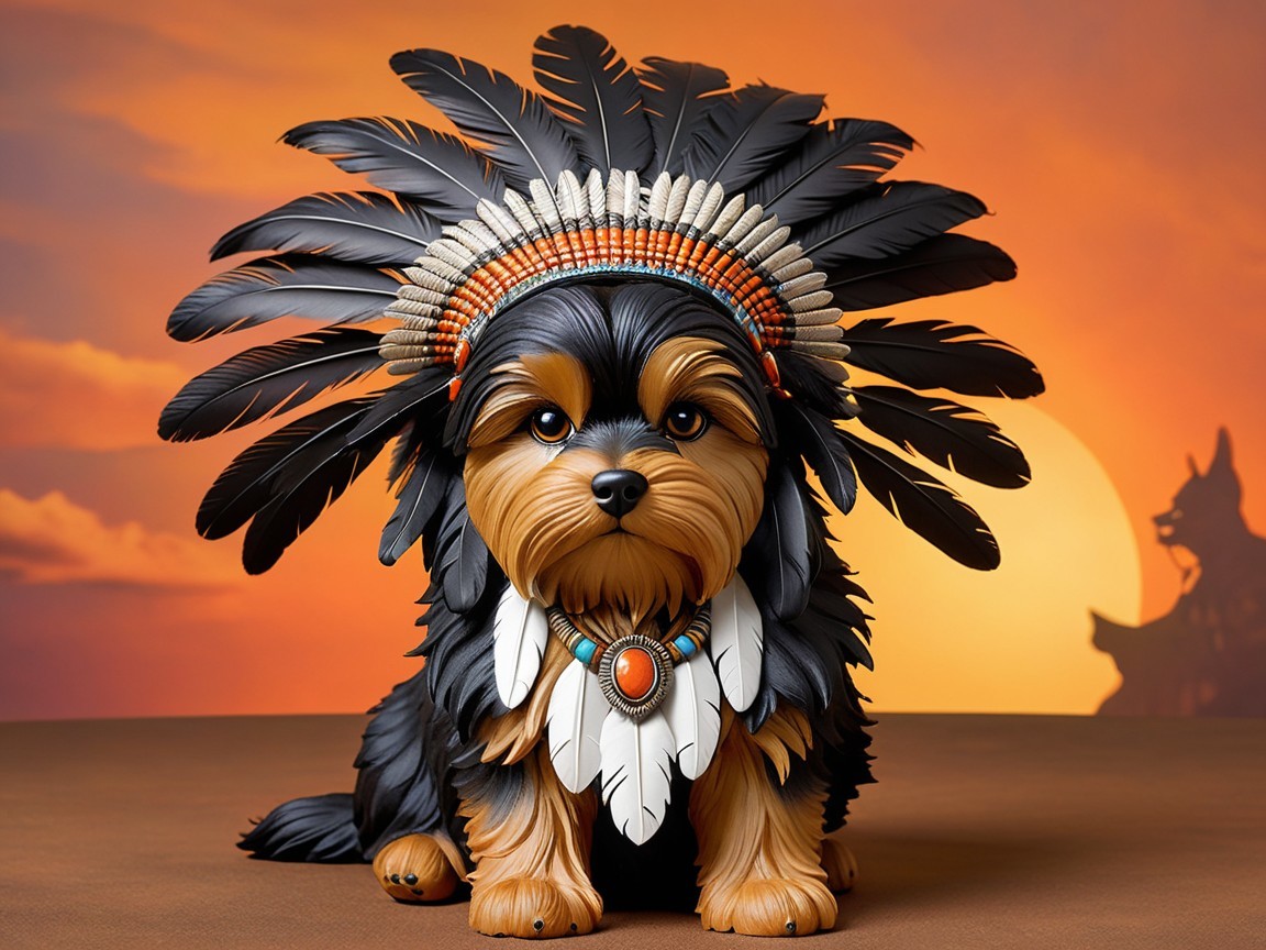 Artistic Dog Figure with Feathered Headdress at Sunset